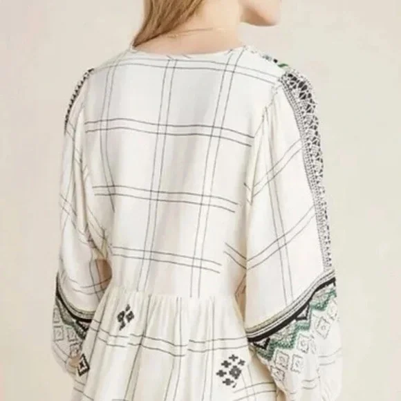 Anthropologie Embroidered Plaid Blouse - White and Green - Picture 2 of 8